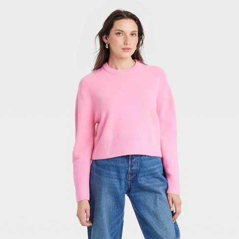 Pink crew neck sweater women's sale