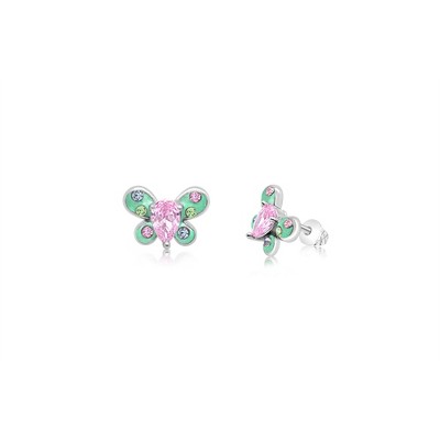 Chanteur Hypoallergenic Kids Jewelry Accessories Butterfly Pink Green CZ White Gold Palladium Plating Stud Earrings Surgical Titanium Posts