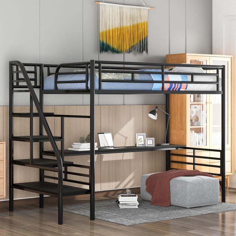 Metal Twin Size Loft Bed with Desk, Black - ModernLuxe, 1 of 12