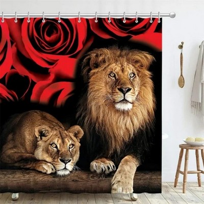 LunaLulinlk 4 Pcs Bathroom Shower Curtain Set,Red Rose and Lion Shower