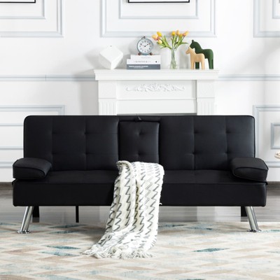 Aukfa 65.3" Leather Modern Convertible Futon Sofa Bed w/ Removable Armrests, Metal Legs, Cupholders
