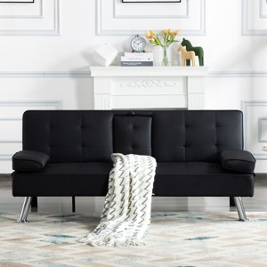 Aukfa 65.3" Leather Modern Convertible Futon Sofa Bed w/ Removable Armrests, Metal Legs, Cupholders - 1 of 4
