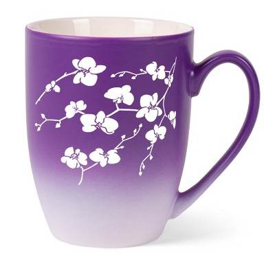 Elanze Designs Botanical Floral Nature Coffee Cup Mug 12 Ounce Ceramic With Ombre Gradient Elegant Minimalist Orchid Flower Silhouette Purple and