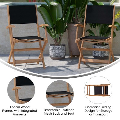 Acacia Wood and Black Mesh Folding Patio Bistro Chairs
