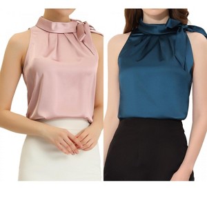 INSPIRE CHIC Women's Elegant Satin Sleeveless Bow Tie Mock Neck Solid Work Blouse 2 Packs - 1 of 4