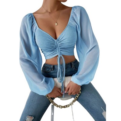 Sweetheart Neckline Crop Tops with Mesh Peasant Sleeve Adjustable Tie Ruched Bust Crop Tops Ribbed Tops with Bishop Sleeve