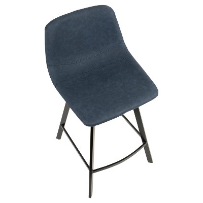 Contemporary Blue Faux Leather and Black Metal Counter Stool, Set of 2