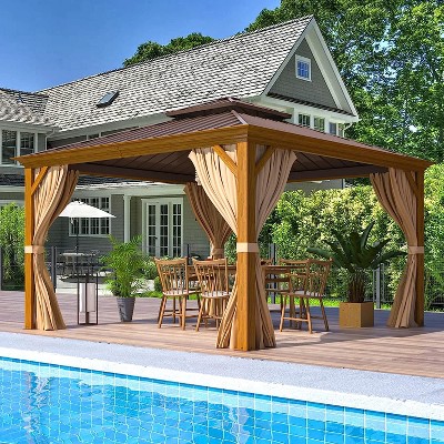 EROMMY 12' x 12' Gazebo, Wooden Finish Coated Aluminum Frame Canopy with Double Galvanized Steel Hardtop Roof,