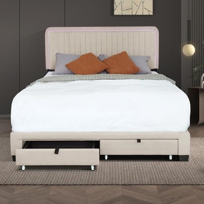 Queen Size Upholstered Bed Frame, 43.5''/ 47.5'' Adjustable Tufted Headboard, 2 Drawers, Storage for Bedroom, Beige