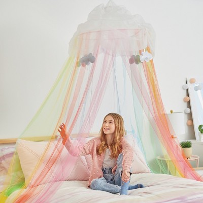 Rainbow Tulle Bed Canopy with Detachable Clouds