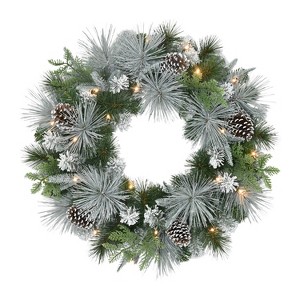 Puleo 24" Pre-Lit Battery-Operated Artificial Flocked Silver and Pinecone Wreath - 1 of 4