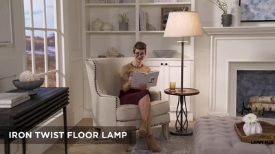 Rustic Walnut & Iron Floor Lamp with Linen Shade and Tray Table