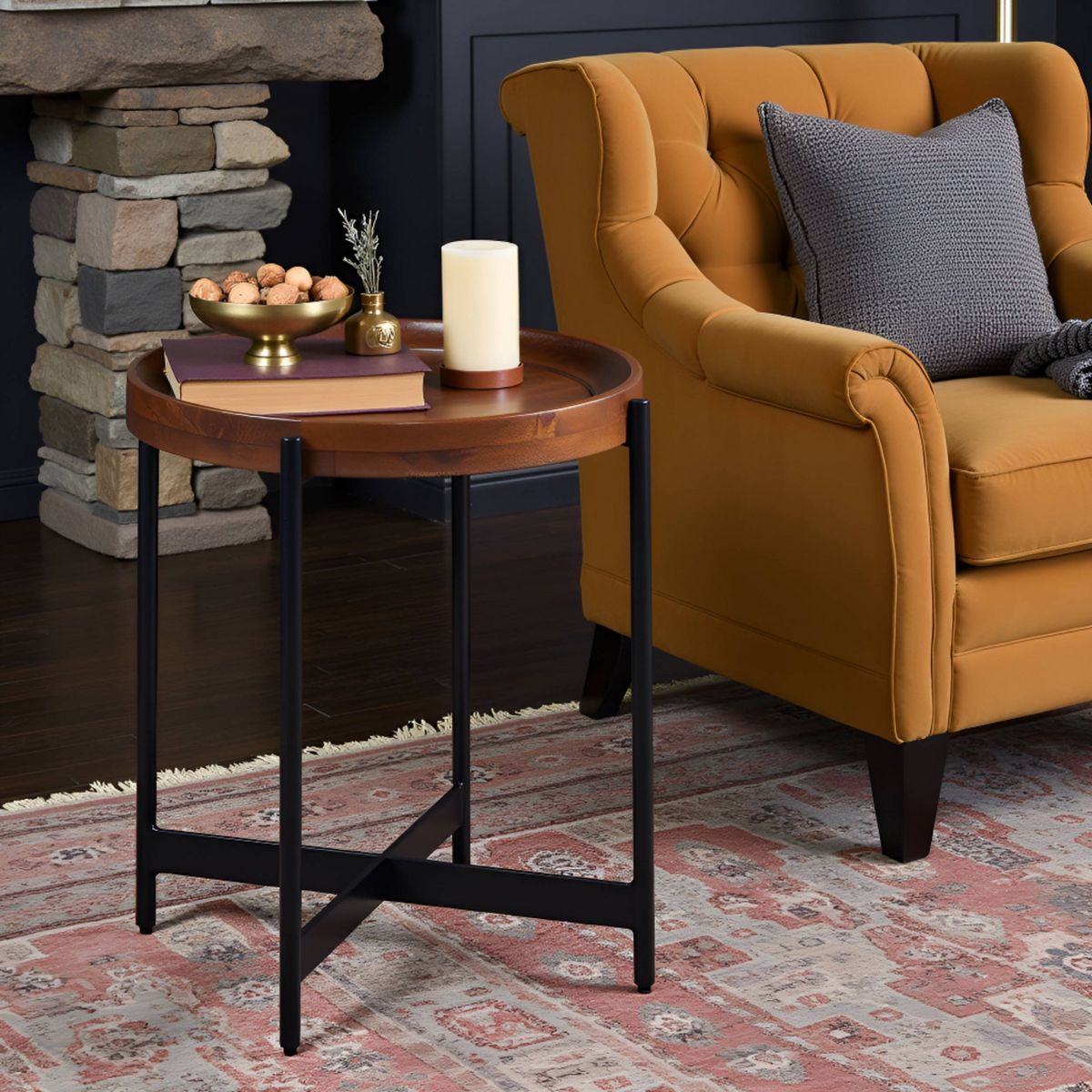 20" Brookline Round End Table Medium Chestnut - Alaterre Furniture: Chic Industrial, Fixed Tray Top - thumbnail 8