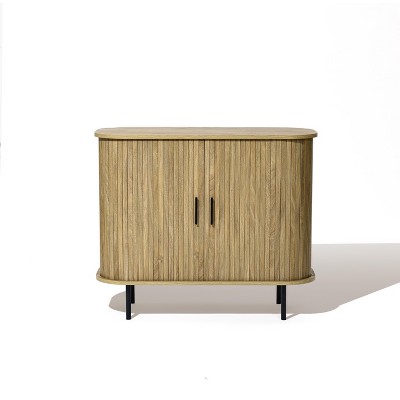 LuxenHome Mid-Century Modern 2-Door Accent Cabinet with Slatted Sliding Doors, Oak