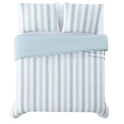 Full/Queen Blue and White Cotton Striped Duvet Cover Set