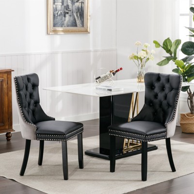 VYNXARIA Modern High-end Tufted Solid Wood Contemporary PU and Velvet Upholstered Dining Chair with Wood Legs Nailhead Trim 2-Pcs Set£¬Black+Gray