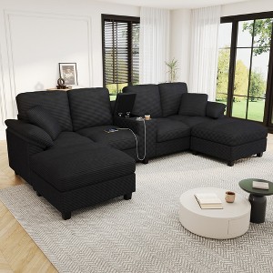 Whisen 116.9" Sectional Sofa, Modern U-Shaped Sectional Sofa, Corduroy Upholstered Couch with Ottomans, Cup Holders - 1 of 4