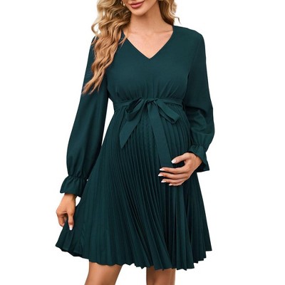 Womens Maternity Long Puff Sleeve Pleated Dress V Neck Ruffle Casual Flowy Belted Midi Dress Baby Shower Photoshoot