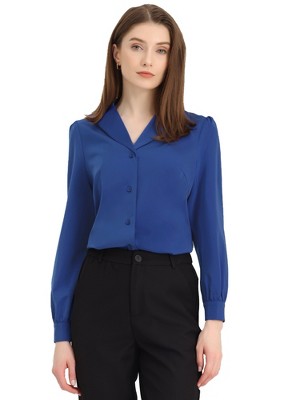 Allegra K Women's Elegant Collar V Neck Long Sleeve Work Office Satin Button Down Shirt