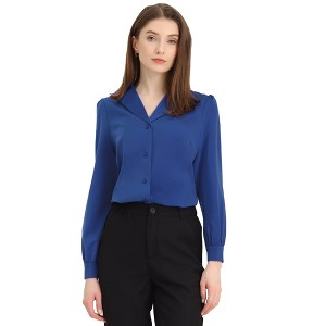 Allegra K Women's Elegant Collar V Neck Long Sleeve Work Office Satin Button Down Shirt - 1 of 4