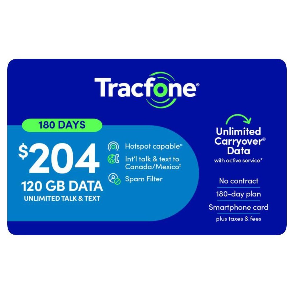 $204 Tracfone Unlimited Talk and Text, 120GB of Data/180 Days (Smartphone Only) (Email Delivery)