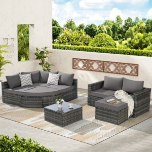 Outdoor 8-Piece L-Shaped Sectional Sofa, Wicker Sofa with Ottoman and Glass Top Table, Free Combination Sofa with Foam Cushions–Cuddlewood - 1 of 4