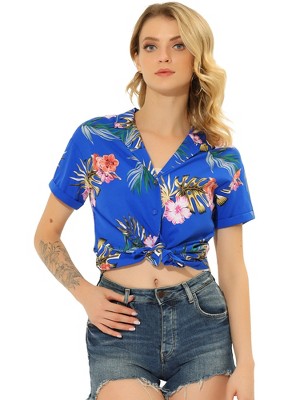 Allegra K Women's Hawaiian Floral Leaves Printed Short Sleeve Button Down Vintage Shirt