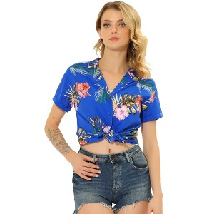Allegra K Women's Hawaiian Floral Leaves Printed Short Sleeve Button Down Vintage Shirt - 1 of 4