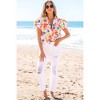 Amaryllis Women’s Bright Floral Ruffle Trim Split Neck Short Sleeve Top Lightweight Woven Fabric Casual Vacation Beach Blouse- Medium ,Orange - 4 of 4