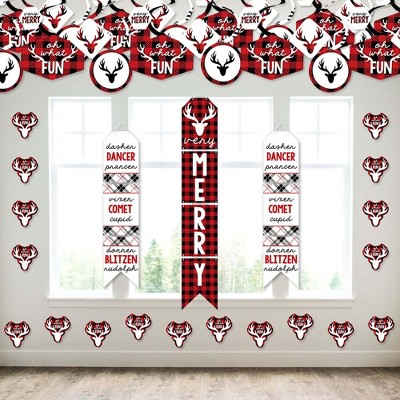 Big Dot of Happiness Prancing Plaid - Wall and Door Hanging Decor - Reindeer Holiday and Christmas Party Room Decoration Kit