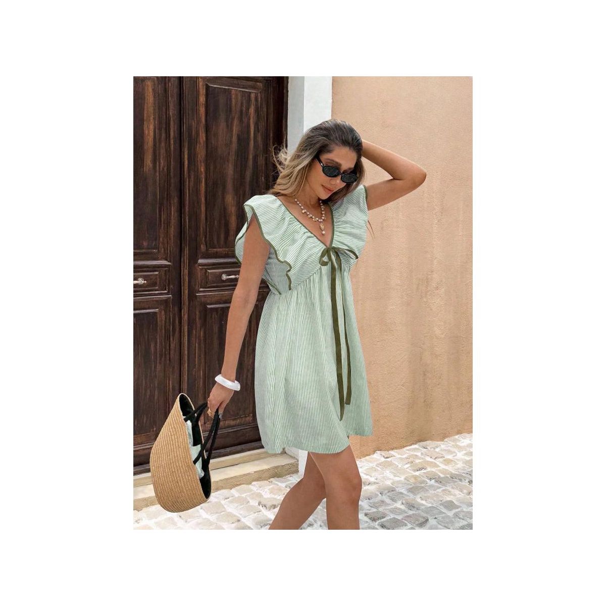 Garvee Women Striped V Neck Babydoll Mini Dress Flounce Patch Short Sleeve Backless Sun Dress Tie Front High Waist Ruffle A Line Dresses - thumbnail 3
