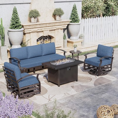 ALAULM Aluminum Patio Furniture Set Modern Metal Outdoor Conversation Sets w/45in Propane Fire Pit Table, Swivel Rocking Chairs w/5.1 Inch Cushion