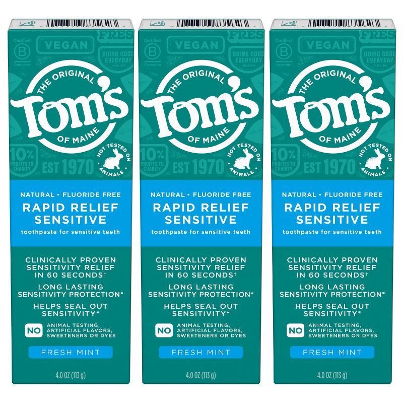 Tom&#39;s of Maine Rapid Relief Sensitive Fluoride-Free Toothpaste - Fresh Mint 4oz/3pk, 1 of 11