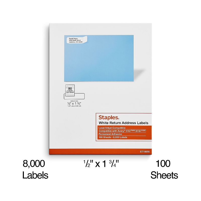 Staples Laser/Inkjet Shipping Labels 0.5"W x 1.75"L White 80 Labels/Sheet 18056/SIWO090, 2 of 6