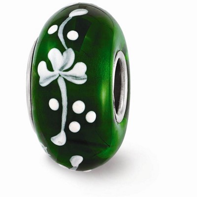 Black Bow Jewelry Fenton Green Hand Painted Clover Glass & Sterling Silver Bead Charm