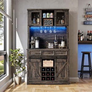 72in Tall Modern Farmhouse Coffee Bar Cabinet, Kitchen Buffet with Sliding Barn Doors, LED Lights, Power Outlets, Drawers, Wine Glass Rack - 1 of 4