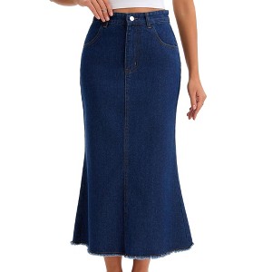 INSPIRE CHIC Women's Denim A Line High Waisted Raw Hem Casual Maxi Skirt - 1 of 4