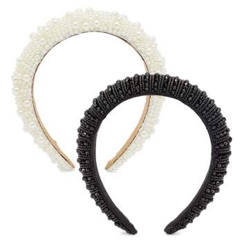 Glamlily 2 Piece Rhinestone Headbands for Women, Pearl Padded Hairband Accessories, Black & White, 6.5 in