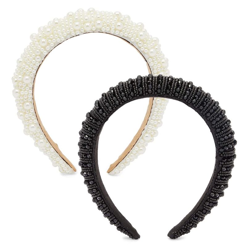 Glamlily 2 Piece Rhinestone Headbands for Women, Pearl Padded Hairband Accessories, Black & White, 6.5 in, 1 of 8