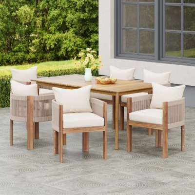 7-Piece Outdoor Wood Dining Set with Rope-Woven Chairs and Cushions, Patio Dining Table and Chairs for Backyard, Deck, or Garden-The Pop Home