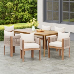 7-Piece Outdoor Wood Dining Set with Rope-Woven Chairs and Cushions, Patio Dining Table and Chairs for Backyard, Deck, or Garden-The Pop Home - 1 of 4