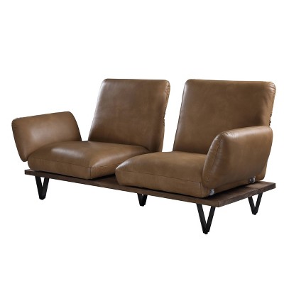 Nutmeg Top Grain Leather Round Arm Sofa with Solid Wood Base