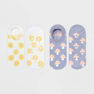 Women&#39;s 2pk Sunflowers &#38; Mushrooms Cozy Liner Socks - Ivory/Gray 4-10