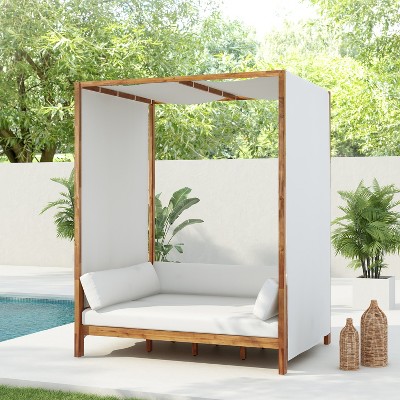 Scott Living Dara Outdoor Acacia Wood Daybed with Canopy and Curtains, Washable Cushions and Detachable Pillows