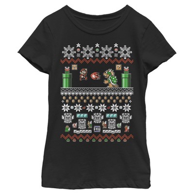 Girl's Nintendo Mario and Bowser Ugly Christmas Sweater T-Shirt