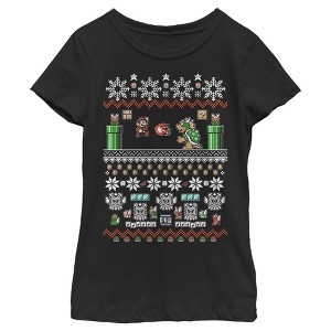 Girl's Nintendo Mario and Bowser Ugly Christmas Sweater T-Shirt - 1 of 4