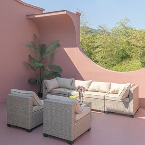 GDFStudio Bruce Outdoor 6-Seater Rattan and Metal Upholstered 116" Sectional Sofa Set with Coffee Table - 1 of 4