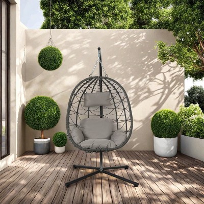 Maggift Patio Accent Chairs, Hanging Basket Egg Chair with Stand, Indoor and Outdoor Swing Chair with Soft Cushion, Gray, 45.28"*25.59"*8.66"