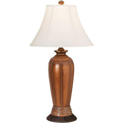 Regency Hill Traditional Table Lamp with Outlet Chestnut Scalloped Off White Shantung Bell Shade for Living Room Bedroom Bedside