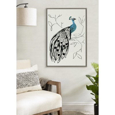 Gray and Blue Peacock Canvas Print with Modern Frame, 23x33